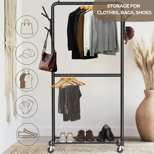 Vista 8 de Simple Houseware - Perchero de doble varilla con ruedas y ganchos, color negro Organizador de perchero de metal resistente