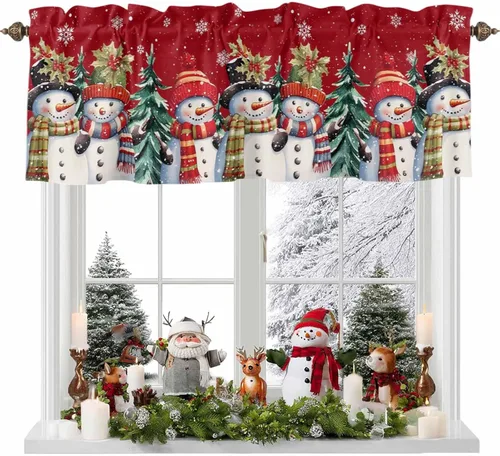 Vista 5 de Cenefa de muñeco de nieve de Navidad para ventanas de cocina, cenefas de invierno con bolsillo para barra, cortinas cortas, copos de nieve, bayas
