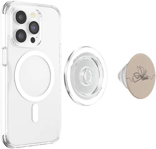Vista 4 de Arte minimalista de línea de libro para ratones de biblioteca en arena bronceada, beige, PopSockets MagSafe PopGrip para iPhone