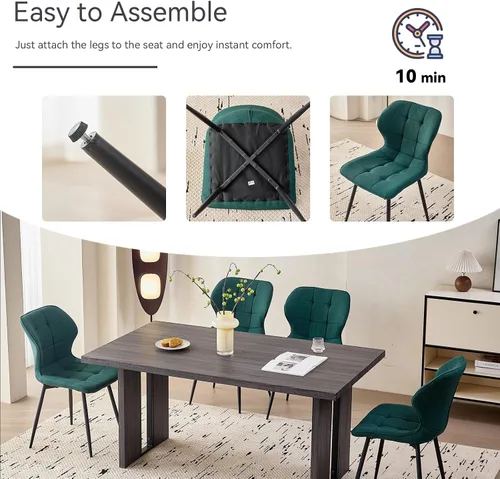 Vista 5 de Juego de 4 sillas de comedor, tela resistente al agua, modernas sillas tapizadas para comedor y cocina con patas de metal, color verde (solo sillas)