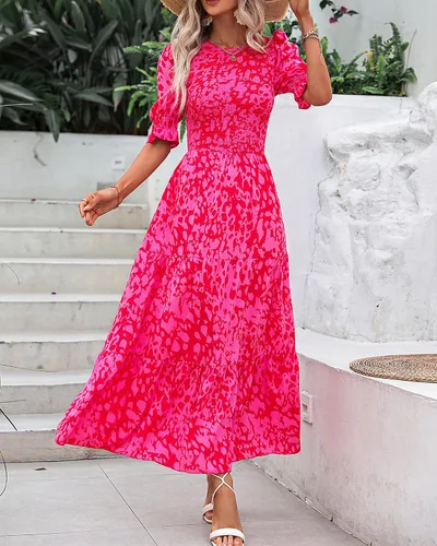 Vista 71 de BTFBM Vestidos para mujer, cuello redondo, casual, de verano, con volantes, manga corta, bohemio, con niveles, fruncido, largo, con estampado floral