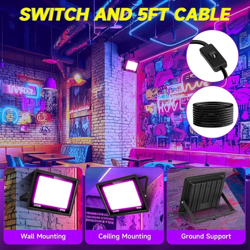 Vista 6 de Paquete de 2 luces LED negras de 200 W, IP66 impermeable para exteriores, luz negra con enchufe, interruptor, cable para fiesta de neón brillante