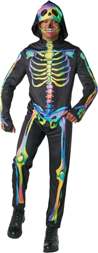 Vista 3 de Seasons Disfraz de esqueleto arcoíris con capucha para hombre, sensible a la luz negra, disfraz de cosplay de Halloween