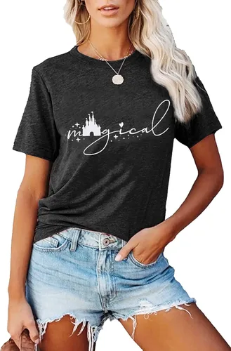 Vista 5 de Camiseta mágica para mujer, camiseta de reino mágico con estampado de castillo, camiseta familiar de manga corta, tops casuales de verano
