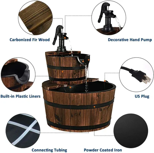 Vista 5 de FANTASK Fuente de cascada de barril de 2 niveles, fuente de agua de barril para exteriores con bomba de mano, construcción rústica de madera maciza