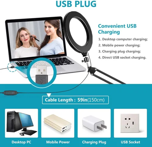 Vista 6 de Anillo de luz para cámara web, montaje en pared, luz de transmisión de 10 pulgadas con soporte de pared plegable compatible con cámaras web Logitech