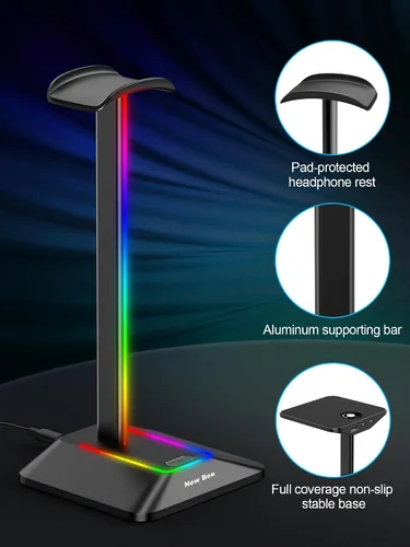 Vista 5 de New bee RGB Headphone Stand Desk Gaming Headset Holder with 7 Light Modes and Non-Slip Rubber Base Suitable for All Earphone Accessories(Black)