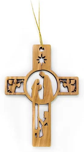 Vista 3 de Adornos de madera de olivo de Tierra Santa, adorno de pesebre de madera con bombilla 2D, pastores y ángeles, adornos de Navidad cristianos de 2 x 4