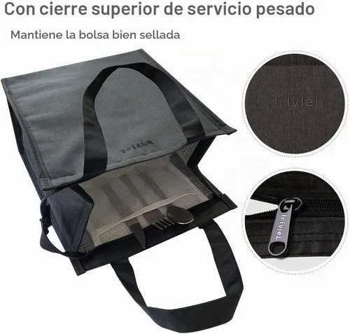 Vista 8 de Bolsa de almuerzo negra para hombres – Bolsa de almuerzo con cremallera para mujer, lonchera simple reutilizable aislada Negro (Talla L)