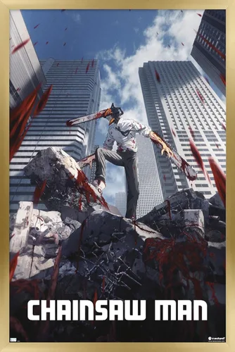 Vista 16 de Chainsaw Man - Póster de pared de arte clave, 22.4 pulgadas de largo x 14.7 pulgadas de ancho, versión enmarcada de madera de granero