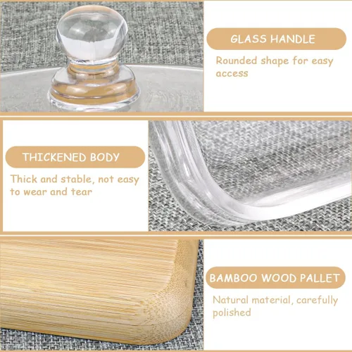 Vista 3 de Mantequera de cristal transparente con tapa, recipiente para mantequilla, queso crema y pastel de postre (bambú)