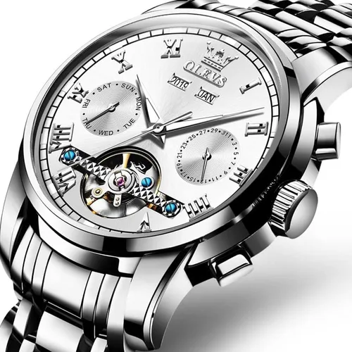 Vista 9 de OLEVS Reloj automático para hombre, cuerda automática, mecánica, de lujo, de acero inoxidable, multicalendario, impermeable, luminoso, reloj
