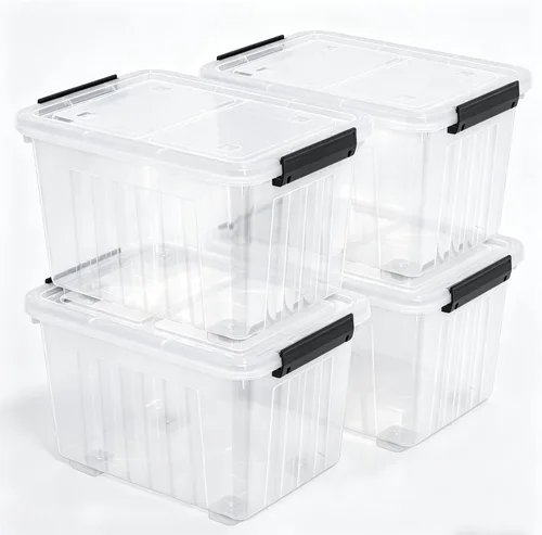 Vista 9 de Paquete de 4 contenedores de almacenamiento de plástico de 30 cuartos de galón con tapas de pestillo y ruedas, contenedor transparente Clear