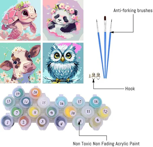 Vista 3 de FQOVKYN Paquete de 4 pinturas por números para niños, kit de pintura por números de animales lindos para adultos principiantes, pintura acrílica