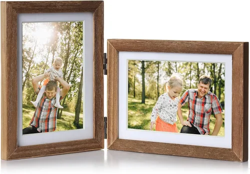 Vista 25 de Marco de fotos doble de 4 x 6 pulgadas con bisagras horizontales, marco de fotos plegable en madera de pino negro con vidrio real para mesa
