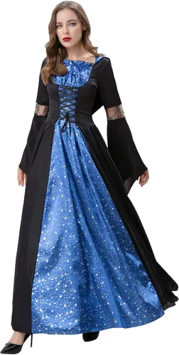 Vista 2 de CRNTCEM Long Dress Halloween Costumes for Women Length Sleeve Lace Up Boho Set Renaissance Madrigal Medieval Irish Costume Chemise and Over Dress