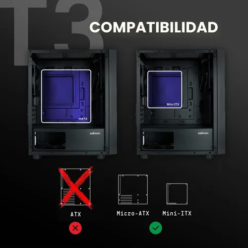 Vista 7 de Zalman Funda T3 Micro ATX, funda de PC MATX con 2 ventiladores de 4.724 in preinstalados, panel lateral de vidrio templado completo, chasis compacto