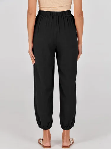 Vista 3 de ANRABESS Pantalones de lino de verano para mujer, estilo casual, pierna ancha, con cordón en la cintura, pantalones palazzo recortados