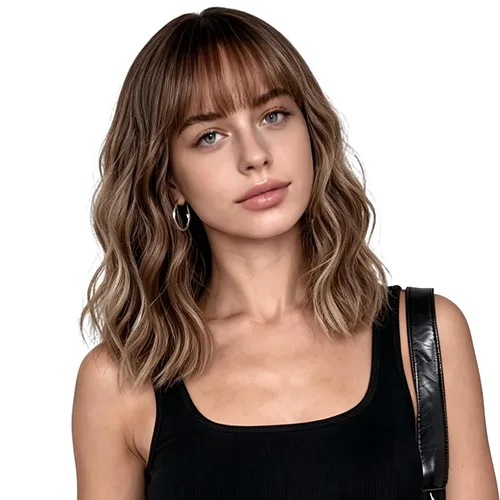 Vista 21 de VCKOVCKO - Peluca de cabello castaño claro rizada con flequillo de aire, onda natural rizada, peluca corta estilo Bob para mujer, longitud hasta