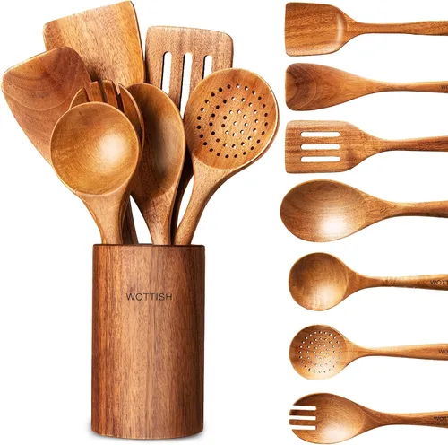 Vista 18 de Cucharas de madera para cocinar, juego de utensilios de cocina de madera, juego de 10 piezas de utensilios de cocina de madera con cucharas