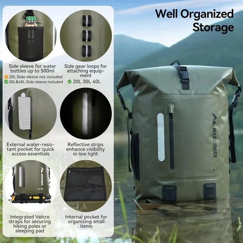 Vista 2 de MARCHWAY Mochila impermeable con parte superior enrollable, bolsa seca flotante de 20L/30L/45L con base rectangular ergonómica, espalda acolchada