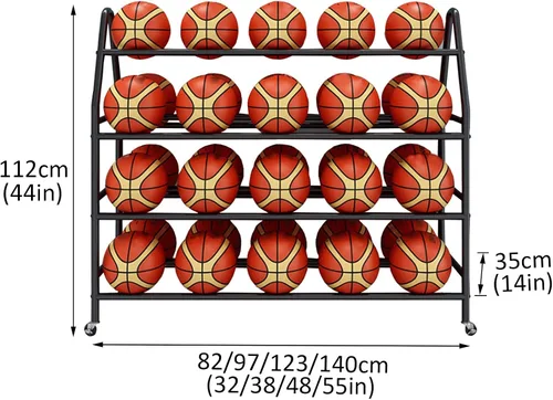 Vista 2 de Bastidores de pelotas para garaje, estante de baloncesto con ruedas para deportes al aire libre, aro de baloncesto de 4 niveles, 35 bolas