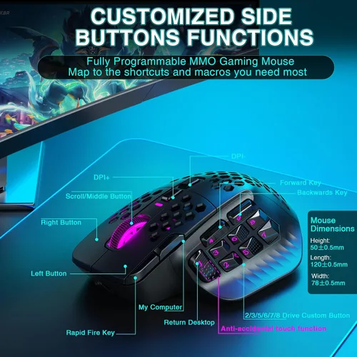 Vista 5 de SOLAKAKA SM809 Pro - Mouse para juegos con 9 botones laterales, mouse RGB de 24000 DPI para jugadores, 16 macros programables MMO, color negro