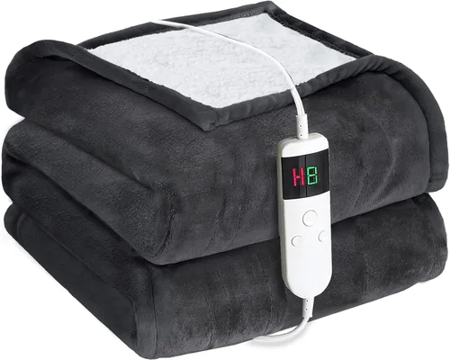 Vista 17 de Manta térmica eléctrica de 50 x 60 pulgadas, manta eléctrica de franela suave y sherpa con 10 niveles de calefacción, se apaga automáticamente