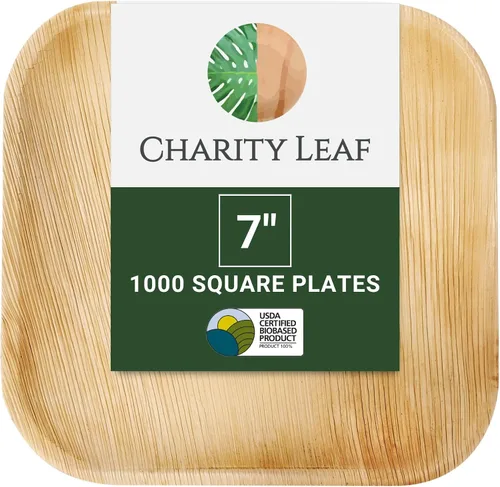 Vista 13 de Platos cuadrados desechables de hoja de palma Charity Leaf de 6" (15 cm) (50 piezas) Platos de servir tipo bambú, tablas desechables, vajilla