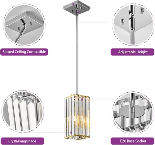Vista 6 de Lámpara colgante moderna cromada rectangular de iluminación colgante mini candelabros de cristal, lámpara colgante ajustable para cocina, isla