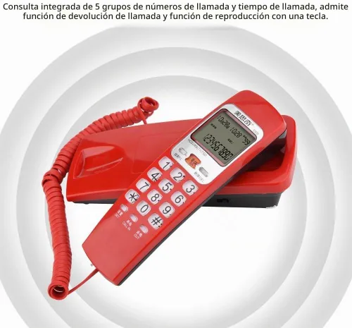 Vista 2 de DTMF Teléfono de Identificación de Llamadas, Teléfono con Cable Escritorio Put, Teléfono de Extensión de Moda Fija para el Hogar. (Rojo)