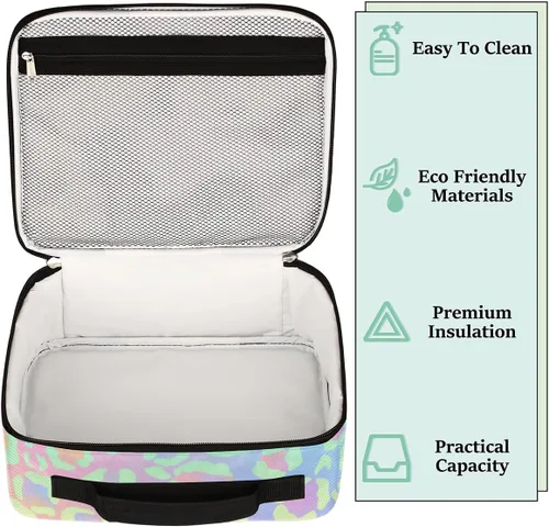 Vista 4 de Lonchera con estampado de leopardo para niños, con estampado de leopardo, bolsa de almuerzo aislada para niños y niñas, reutilizable, contenedor