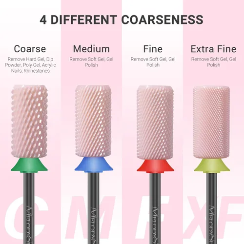 Vista 5 de MelodySusie Brocas de cerámica para uñas, 3/32 pulgadas, chaflán superior plana, puntas de barril grandes, eliminación rápida de acrílico o gel Rosa