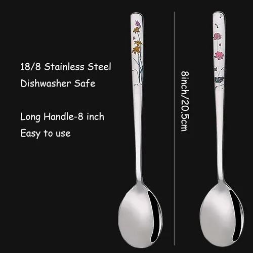 Vista 9 de Cucharas de sopa coreanas, cucharadas de acero inoxidable 18/8 con mango largo de 8 pulgadas, cucharadas de metal asiático, juego de 4 (flores)