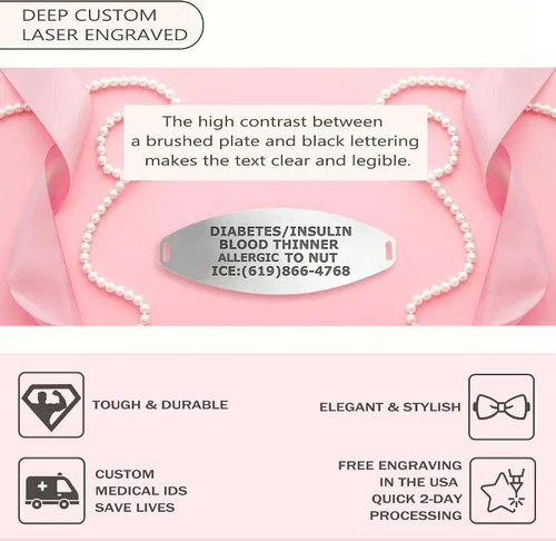 Vista 2 de Divoti Haley Pulsera de alerta médica para mujer con grabado gratuito y cadena bizantina dividida Estilo y tamaño acero inoxidable 12123PK-90