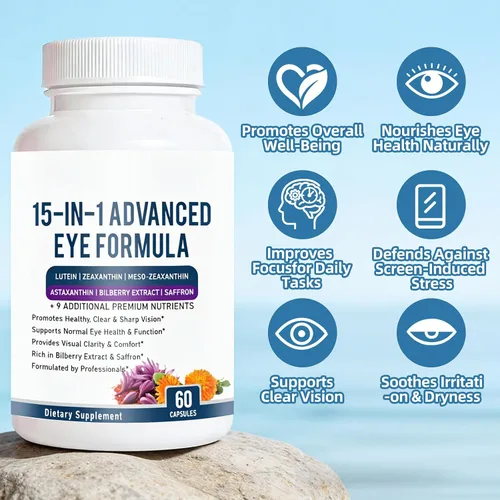 Vista 4 de Fórmula avanzada 15 en 1 para ojos – Suplemento de vitaminas y minerales para los ojos con luteína, zeaxantina, extracto de zinc y arándano, apoyo