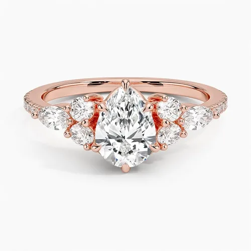 Vista 5 de Anillo de compromiso de diamantes creados en laboratorio con diseño de pera blanca de 1.06 quilates con corte excelente, cuatro puntas de garra