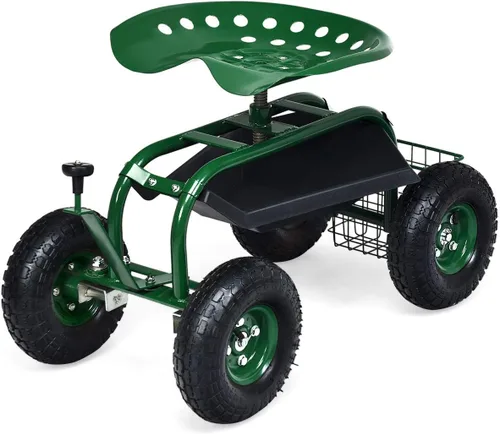 Vista 15 de Goplus Carrito de jardín rodante con asiento, taburete de jardín al aire libre con ruedas, bandeja de herramientas y cesta, mango de dirección