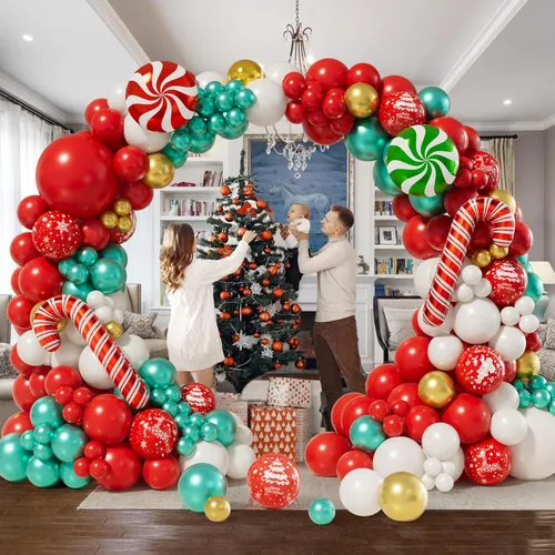 Vista 4 de AobkDeco Kit de arco de guirnalda de globos de Navidad, 153 unidades, globos de papel de aluminio de caramelo, globos de bastón de caramelo, globos