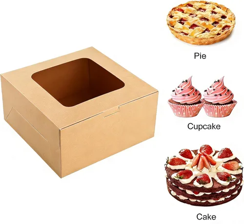 Vista 2 de SmilerSmile 24pcs Cake Boxes 10x10x5 Inches Brown Square Bakery Boxes with Window Pastry Boxes for Cake, Pastries, Chocolates, Cookies, Pie