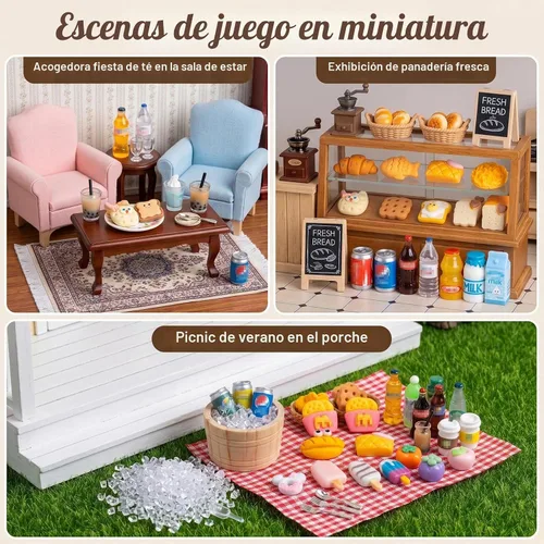 Vista 8 de Dollhouse - Mini refrigerador de juguete con 90 piezas de mini juego de jugo de helado de comida, juguete de nevera en miniatura para casa