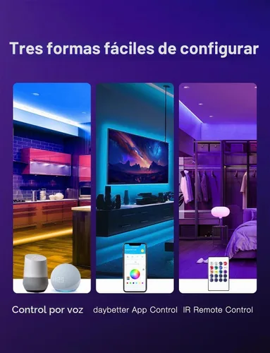 Vista 3 de DAYBETTER - Luces LED inteligentes WiFi de 100 pies - Tira de luces LED compatibles con Alexa y Google Assistant, iluminación RGB, sincronización
