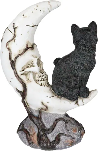 Vista 4 de Ebros Gift Hora de brujas realista Halloween gato negro sentado en luna creciente calavera figura con ojos de cristal, brujas, Wicca, gatos felinos