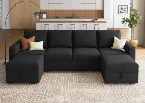 Vista 7 de HONBAY Sofá cama modular seccional, sofá modular de terciopelo con cama extraíble, sofá modular en forma de U con otomana de almacenamiento