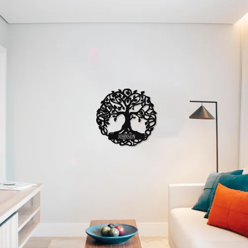 Vista 3 de Monograma del árbol de la vida - Arte de pared de metal - 24" X 24" - Negro