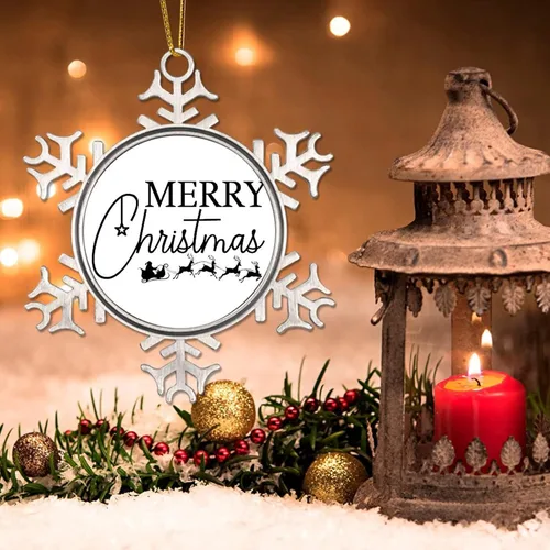 Vista 3 de Adorno de feliz Navidad para decoración del árbol de Navidad, citas divertidas de Navidad, decoraciones de Navidad, copo de nieve de metal de 3