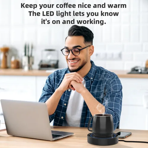 Vista 7 de Calentador de café con juego de tazas, calentador eléctrico de tazas para escritorio, oficina, uso doméstico, calentador de velas con interruptor