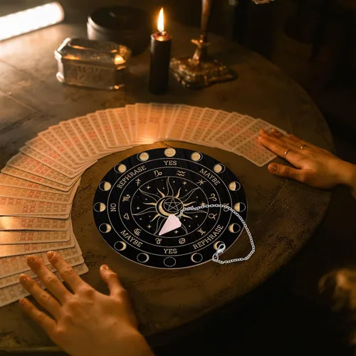 Vista 4 de AHANDMAKER Juego de tablero de péndulo, tablero de adivinación de madera para radiestesia, tablero de mensajes metafísicos con collar de péndulo