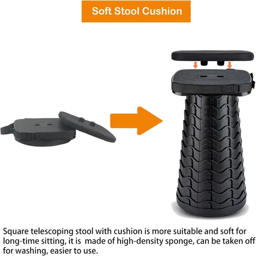 Vista 5 de Taburete plegable para acampar con cojín de asiento y bolsa de nailon, taburete telescópico portátil cuadrado, taburete plegable ligero y resistente