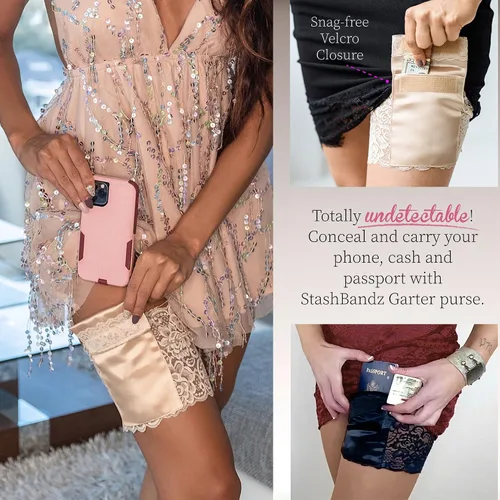 Vista 2 de StashBandz 2 Security Pockets Wedding Phone Garter Lace Thigh Purse with Stay-put Grippers Fits any Size Phone More